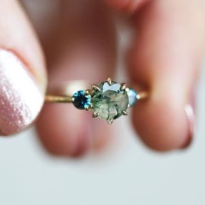 Moss agate engagement ring, Teal green ring, Alternative three stone ring unique | Natural genuine Gemstone rings, simple unique alternative gemstone engagement rings. #rings #jewelry #bridal #wedding #jewelryaccessories #engagementrings #weddingideas #affiliate #ad