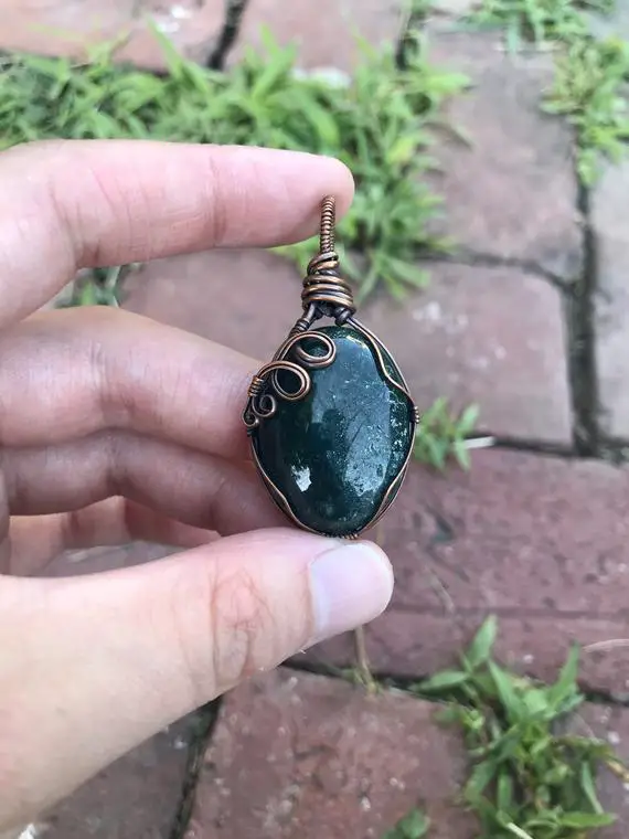 Agate Crystal Necklace. Agate Crystal Pendant. Moss Agate Necklace. Wire Wrapped Crystal. Crystal Jewelry. Gemstone Necklace.