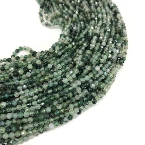 Natural Moss Agate Beads Round Faceted, 2mm, 3mm, 4mm Semi Precious Stone Beads, Micro Gemstone Beads