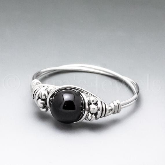 Black Obsidian Bali Sterling Silver Wire Wrapped Gemstone Bead Ring - Made To Order, Ships Fast!