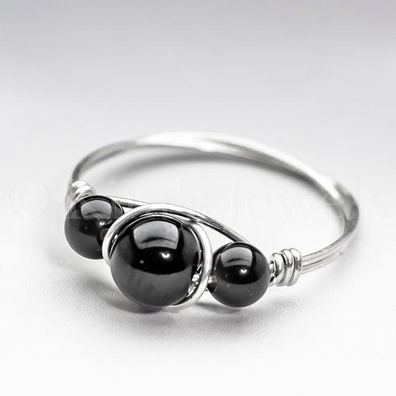 Black Obsidian Sterling Silver Wire Wrapped Gemstone Bead Ring - Made To Order, Ships Fast!