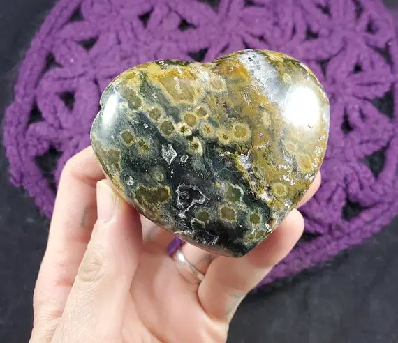 Large Ocean Jasper Heart Crystal Carved Stones Crystals Unique Yellow Green Vugs Orbital Orbicular Carving