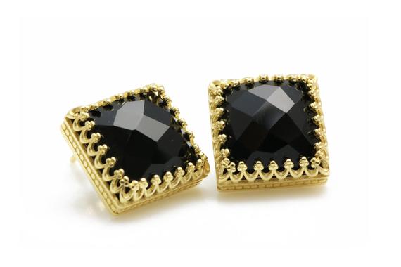 Black Onyx Earrings · Post Earrings · Stud Earrings · Gold Earrings · Square Earrings · Gemstone Earrings · Crown Earrings · Vintage Earring