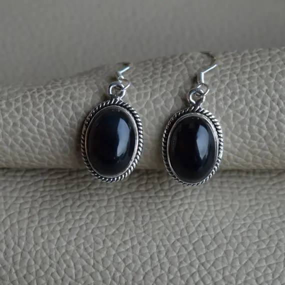 Natural Black Onyx Earrings, Handmade Earrings For Her, 925 Sterling Silver Earrings, Oval Onyx Earrings, December Birthstone, Boho Earrings