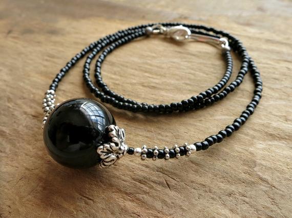 Black & Silver Necklace, Onyx Sphere Beaded Necklace With Silver Accents, Elegant Bohemian Stone Crystal Ball Jewelry