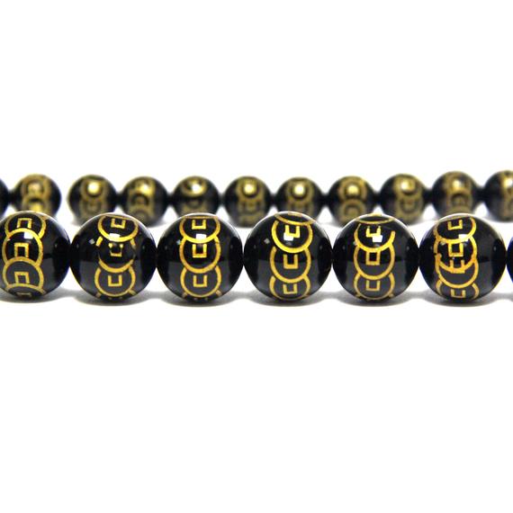 Black Onyx Spacer Beads Carved Chinese Wealth Coin 8mm 10mm 12mm, Black Gold Gemstone Beads, Money Lucky Feng Shui Decor Supplies