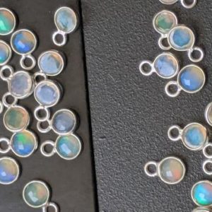 Shop Opal Beads! 7mm Ethiopian Opal Faceted Round Shaped Bezel Connectors, Single Loop Flat Back 925 Silver Bezel Findings, 5 Pcs – PDG251 | Natural genuine beads Opal beads for beading and jewelry making.  #jewelry #beads #beadedjewelry #diyjewelry #jewelrymaking #beadstore #beading #affiliate #ad