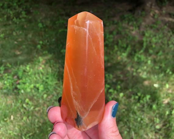 4" Honey Calcite Tower #2 Banded Orange Calcite Crystal Point, Polished Self Standing Gemstone Home Decor Gift For Her, For Him, Witchy Gift
