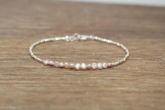Pink Freshwater Pearl Bracelet, Hill Tribe Silver Beads, Fine Silver, Pearl Jewelry, June Birthstone, Stacking Bracelet,