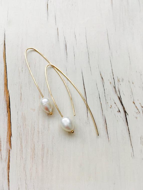 Pearl Earrings Pearl Hoop Earrings Fresh Water Pearls Oblong Pearl Hoop June Birthstone