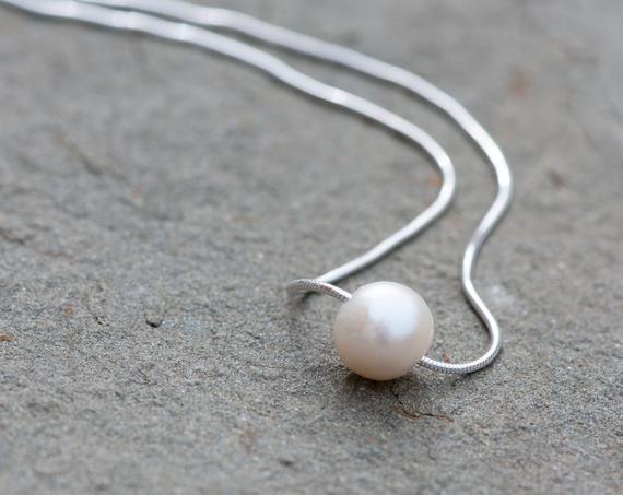 Floating Pearl Necklace, 10mm Natural  Minimalist White Pearl Necklace, Sterling Silver Chain, Bridal Pearl Necklace, Anniversary