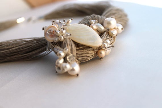 Pearl Wedding Linen Necklace Bridal Natural Pearl Jewelry Ooak Statement Necklace Junes Birthstone Snow White Gift For Her Valentines Day