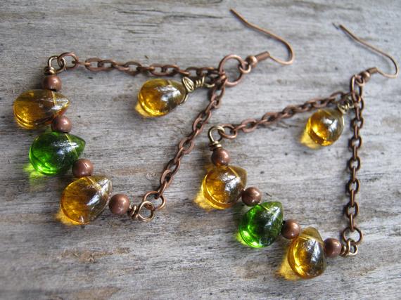 Honey Green Chandelier Earrings, Antiqued Copper Earrings, Chain Dangle Earrings, Boho Earrings, Brown And Peridot Green, Ready To Ship