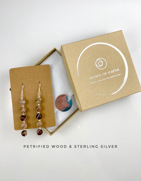 Petrified Wood Earrings, Matte Finish, Sterling Silver, Wooden Earrings, Statement Earrings,  Long Dangle Earrings
