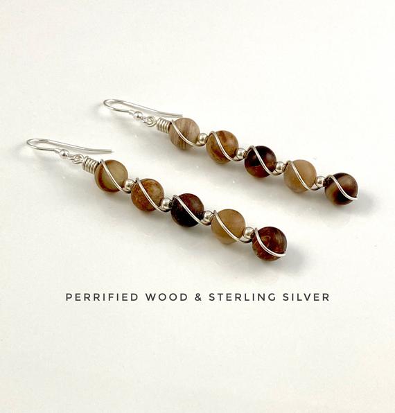 Petrified Wood, Petrified Wood Earrings, Matte Finish, Sterling Silver, Wooden Earrings, Statement Earrings,  Long Dangle Earrings