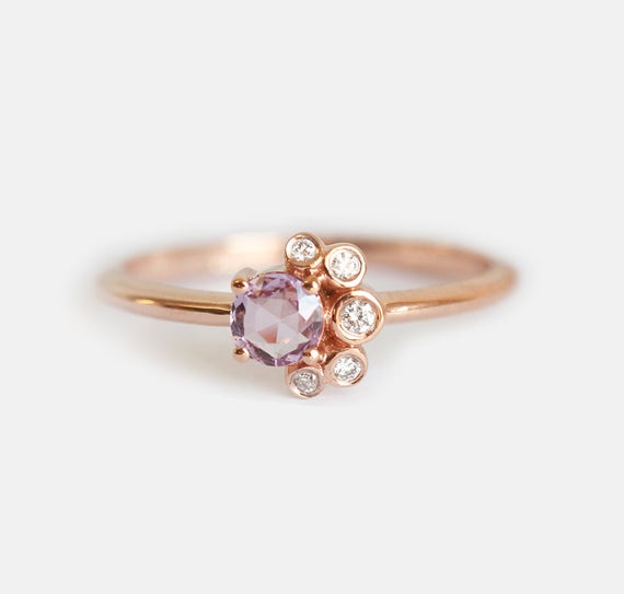 Round Pink Sapphire & Diamond Cluster Ring, Rose Cut Purple Sapphire Ring In 14k Solid Gold