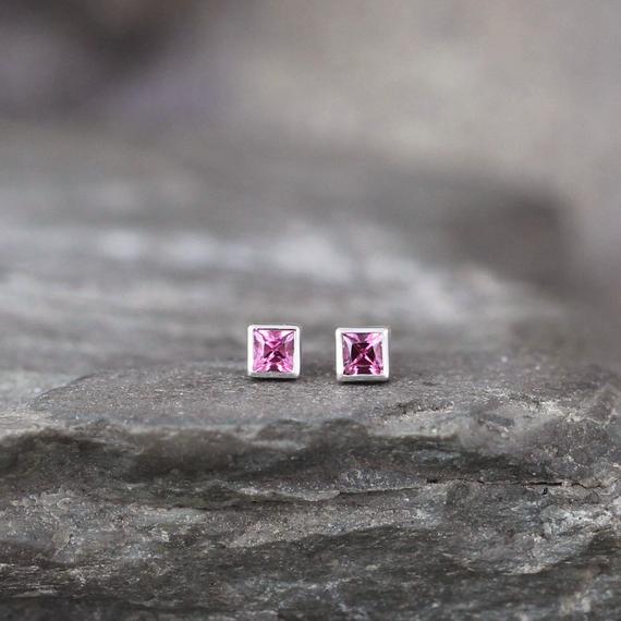 Pink Tourmaline Earrings - Sterling Silver Tiny Stud Earring - Square Pink Gemstone - October Birthstone - Minimalist Earrings