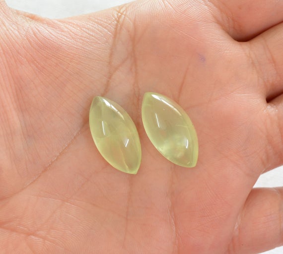 Green Prehnite Gemstone, Matched Pairs, Puffed Marquise Shape Cabochon, 2 Pieces Lot, Gemstone For Jewelry, Smooth Polished  12x24mm #ar9939