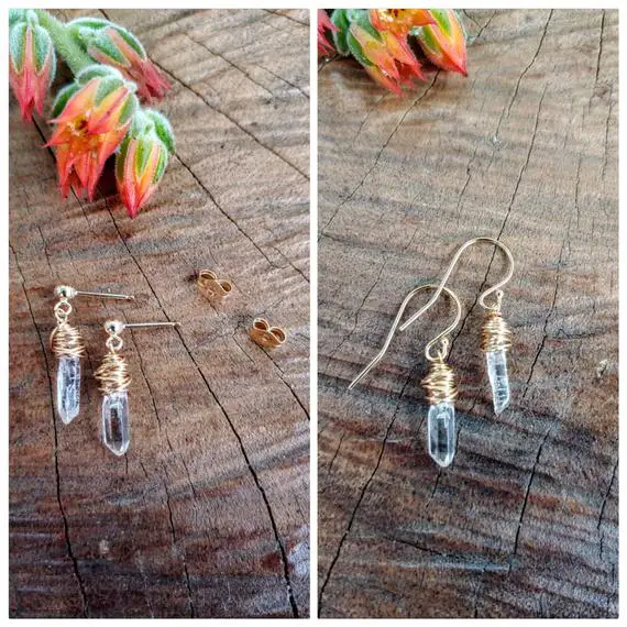 Dainty Quartz Earrings. Available In Sterling Silver, Gold, Or Rose Gold Wire Wrapping