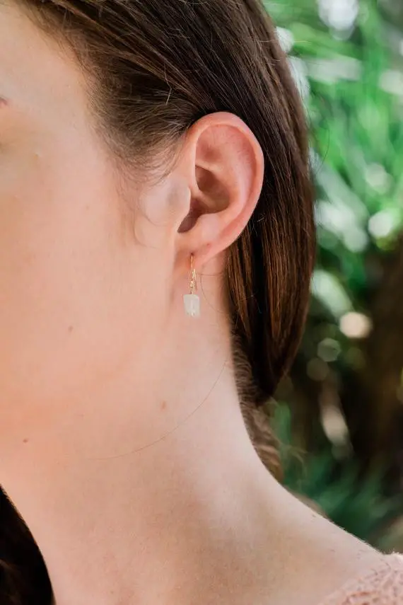 Raw Rainbow Moonstone Crystal Dangle Drop Earrings In Gold, Silver, Bronze, Or Rose Gold - Rough Gemstone June Birthstone Earrings