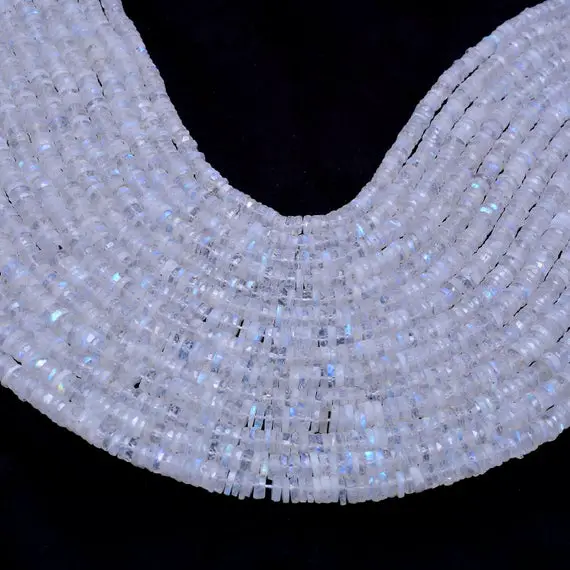 Rainbow Moonstone 5mm-6mm Heishi Faceted Beads | Gemstone Tyre Rondelle 13" Strand | Natural Blue Fire White Rainbow Moonstone Spacer Beads