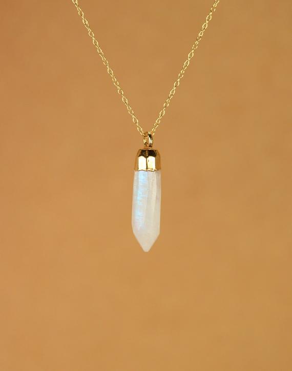 Moonstone Necklace - Rainbow Moonstone - Gold Moonstone - Blue Flash - A Gold Dipped Moonstone Spike On A 14k Gold Vermeil Chain
