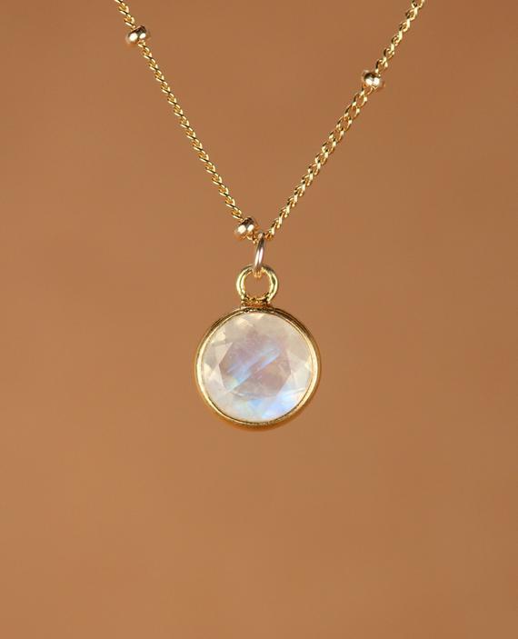 Moonstone Necklace - Gold Moonstone - June Birthstone - A Gold Bezel Set Rainbow Moonstone On A 14k Gold Filled Satellite Chain