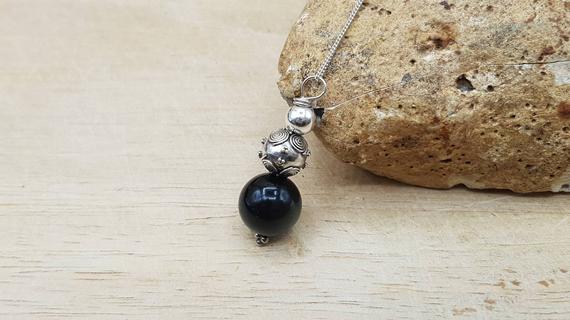 Rainbow Obsidian Sphere Pendant Necklace. Reiki Jewelry Uk. 12mm Black Semi Precious Stone. Bali Silver Necklaces For Women