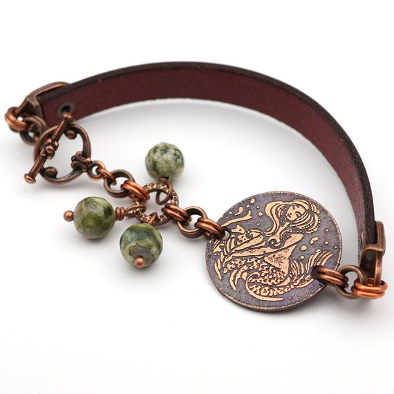 Copper Mermaid Bracelet, Siren Jewelry, Metal Etching, Green Rhyolite Beads, 7 3/4 Inches Long, Fits 6 3/4 Inch Wrist