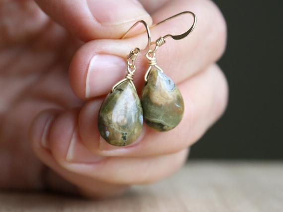 Natural Stone Earrings Dangle . Rhyolite Earrings Gold Filled . Teardrop Gemstone Earrings Wire Wrap