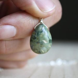 Shop Rainforest Jasper Necklaces! Green Stone Necklace 925 Sterling Silver . Rhyolite Necklace Pendant . Natural Gemstone Teardrop Necklace | Natural genuine Rainforest Jasper necklaces. Buy crystal jewelry, handmade handcrafted artisan jewelry for women.  Unique handmade gift ideas. #jewelry #beadednecklaces #beadedjewelry #gift #shopping #handmadejewelry #fashion #style #product #necklaces #affiliate #ad