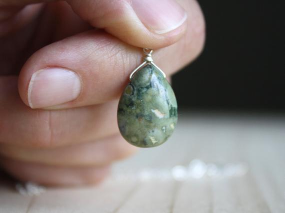 Rhyolite Necklace . Green Stone Necklace . Gemstone Teardrop Necklace In Sterling Silver