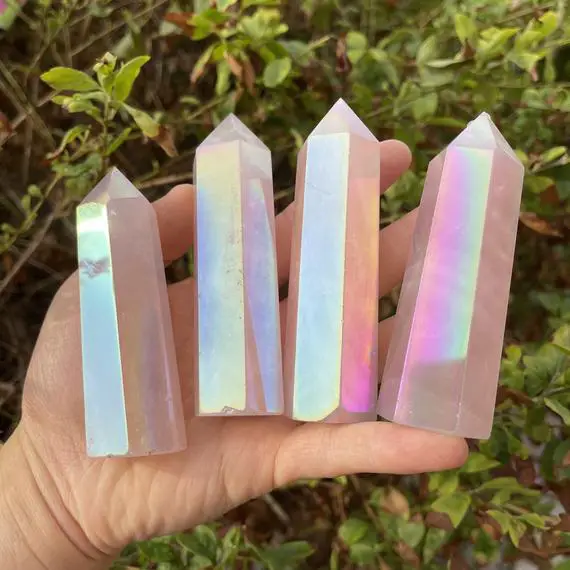 4 Inches Rainbow Rose Quartz Tower,plated Rainbow Color Obelisk Healing Tower,home Decor,crystal Point Tower,healing Wand.