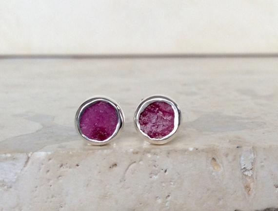 Mothers Day Gift, Raw Pink Gemstone Silver Studs, Ruby July Birthstone Silver Stud Earrings, Gift For Mum