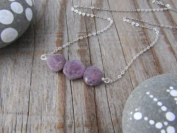 Raw Ruby Necklace, Unpolished, Rough Tumbled Gemstone And Silver Necklace