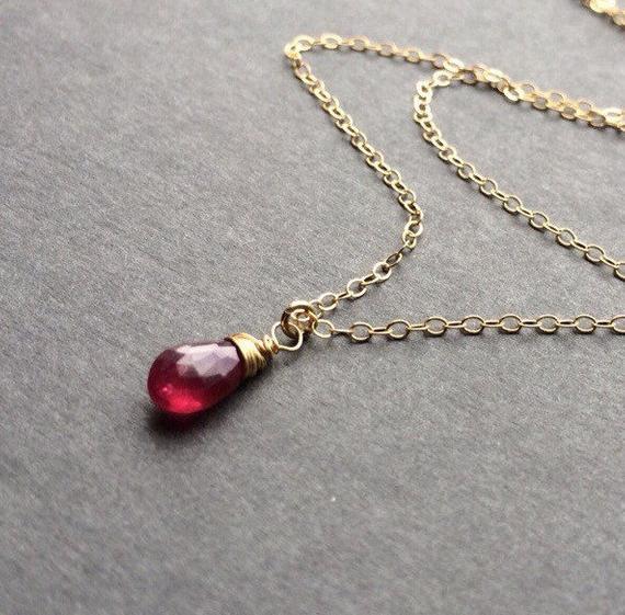 Tiny Red Ruby Quartz Pendant Necklace. July Birthstone Gift. Minimalist. Delicate Jewelry. Gold Or Silver, Rose Gold.