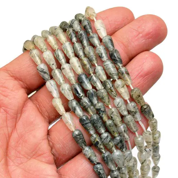 Black Rutilated Quartz Teardrop Beads | Gemstone 4x7mm Drops | Black Rutile Straight Drill Semiprecious Gemstone Sooth Beads | 13inch Strand