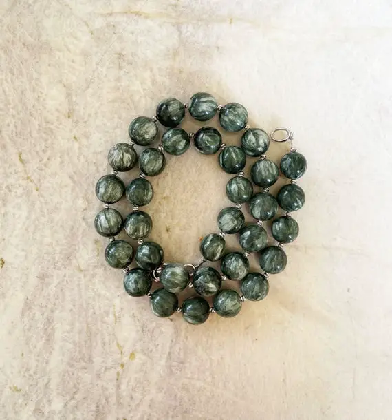Seraphinite 12mm Round Beaded Necklace With A Sterling Silver Hook And Eye Clasp - Top Quality