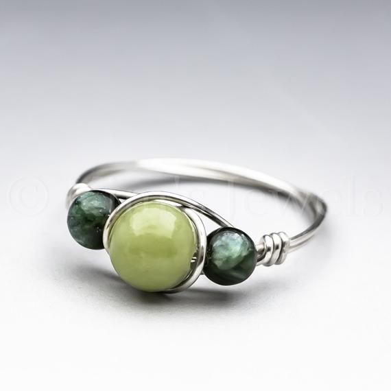 Green Connemara Marble From Ireland & Seraphinite Clinochlore Sterling Silver Wire Wrapped Gemstone Bead Ring - Made To Order, Ships Fast!