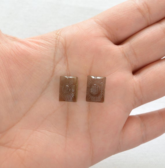 Smoky Quartz Earring Pairs, Carving Gemstone, Hand Carved Brown Color Loose Stone, 2 Pieces Matched Pairs Lot, 10x14mm Stone Size #ar9878