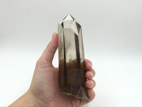 5.9" Top Quality Smoky Quartz Tower Point Large Smoky Quartz Crystal Wand Obelisk With Wood Standing Mineral Specimen Healing Display Cd-s08