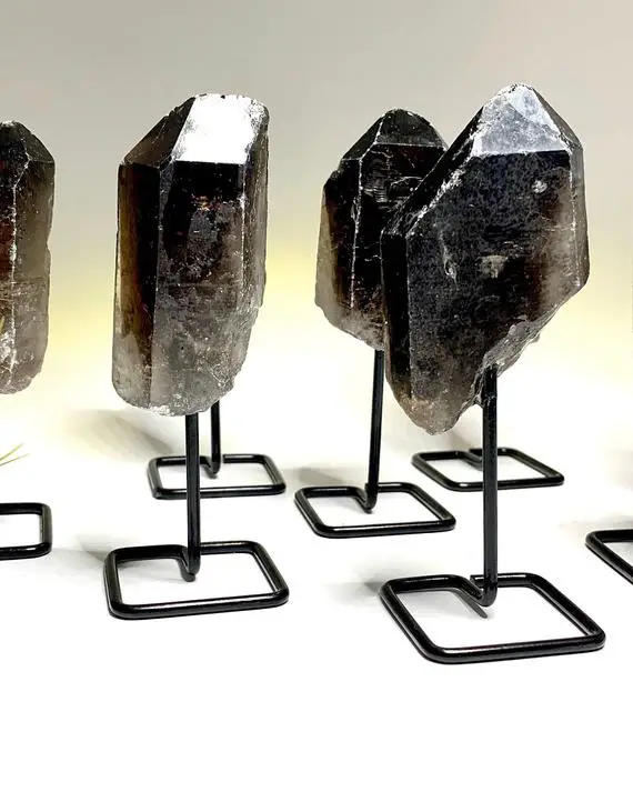 Smoky Quartz Crystal Points On Stand