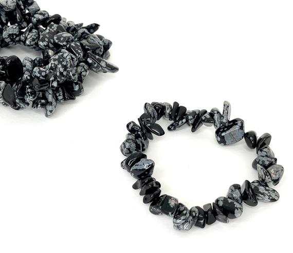 Snowflake Obsidian Crystal Chips Bracelet, Obsidian Gemstone Beaded Bracelet