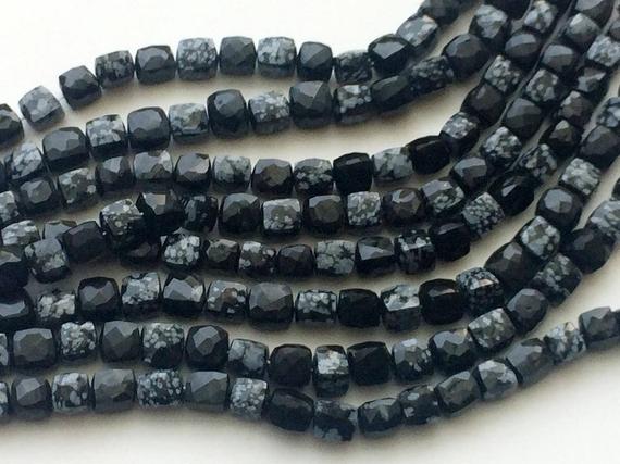 7-8mm Snowflake Obsidian  Cube Beads, Natural Snowflake Obsidian Faceted Box Beads, Snowflake Obsidian For Necklace (4in To 8in Options)