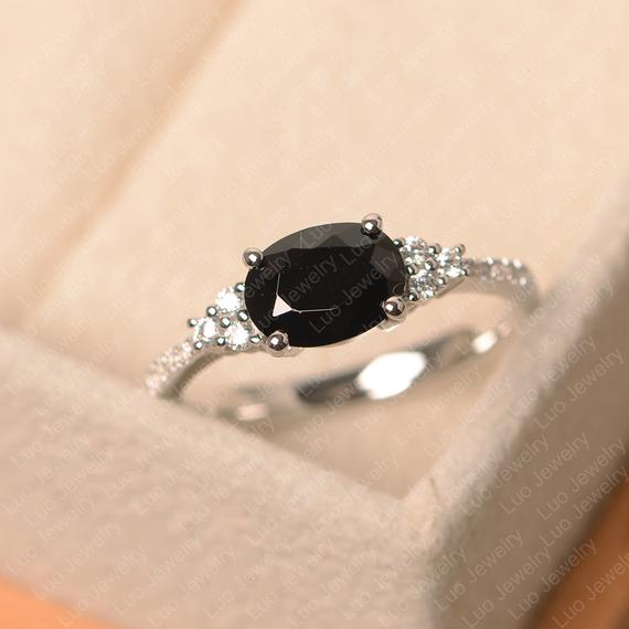 Black Spinel Ring, Oval Cut , Black Stone Ring, White Gold Anniversary Ring