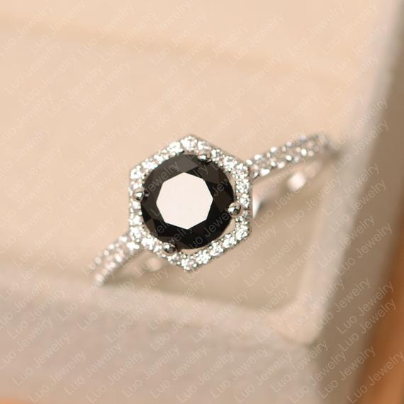 Black Spinel Ring, Round Cut, Black Gemstone Ring, Sterling Silver Wedding Ring