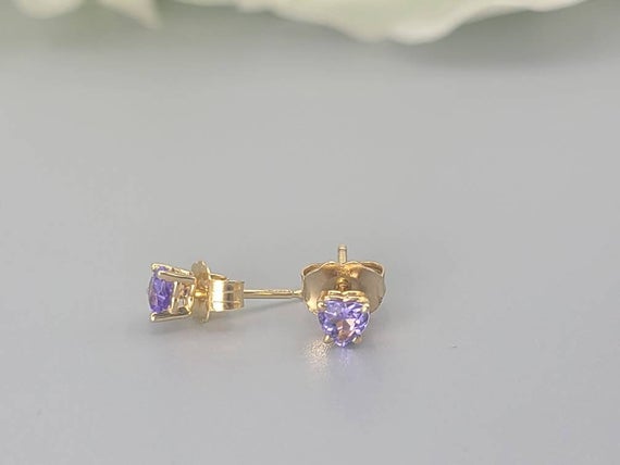 Natural Tanzanite Earrings, Dainty Tanzanite Studs In 14k Solid Gold, Heart Earrings, December Birthstone, Jewelry Gift, Small Earrings