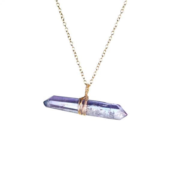 Aura Quartz Necklace, Blue Crystal Necklace, Aqua Aura Pendant, Healing Crystal Jewelry, A Tanzanite Aura Wand On A 14k Gold Filled Chain