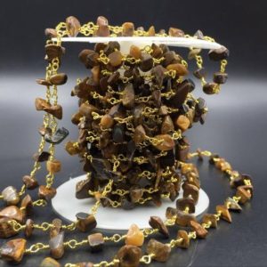 Shop Tiger Eye Chip & Nugget Beads! Tiger Eye Rosary Chain Wholesale Tiger Eye Chips Chain Wire Wrapped Jewelry Chain Silver&Gold Rosary Style Gemstone Chain CCN | Natural genuine chip Tiger Eye beads for beading and jewelry making.  #jewelry #beads #beadedjewelry #diyjewelry #jewelrymaking #beadstore #beading #affiliate #ad