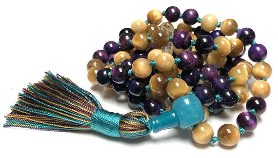 Yellow Tiger Eye And Purple Tigers Eye Mala Necklace 108 Protection Bead Necklace For Men Women 108 Knotted Mala Necklace Tiger Eye Jewelry